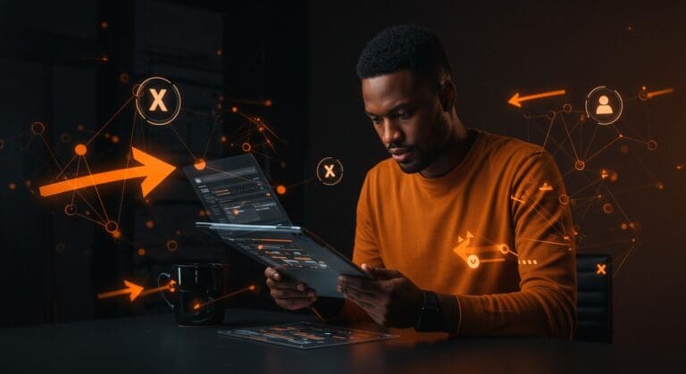 Founder tech revisando borradores en Bluesky, simbolizando la integración de drafts y la competencia en redes sociales descentralizadas.