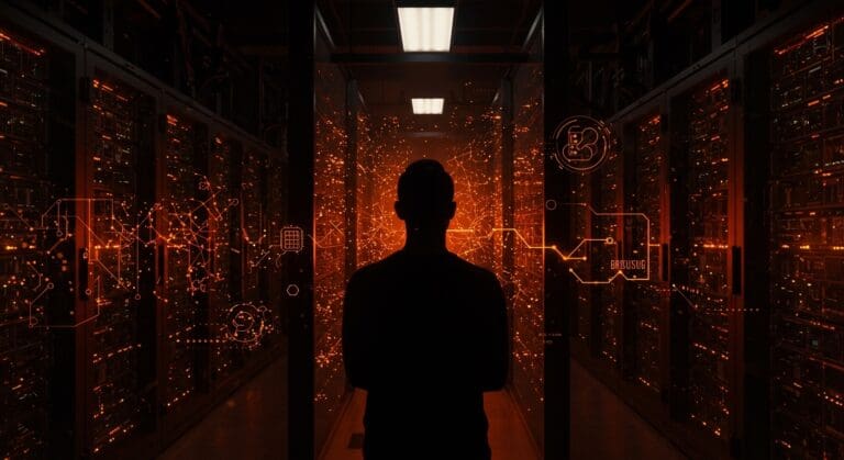 Brendan Gregg y la ingeniería de rendimiento en IA frente a un datacenter, simbolizando optimización energética y escalabilidad en OpenAI.