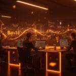 Desarrolladores colaborando en entorno moderno con código paralelo y optimizaciones JavaScript, ilustrando Bun runtime acelerando desarrollo SaaS.