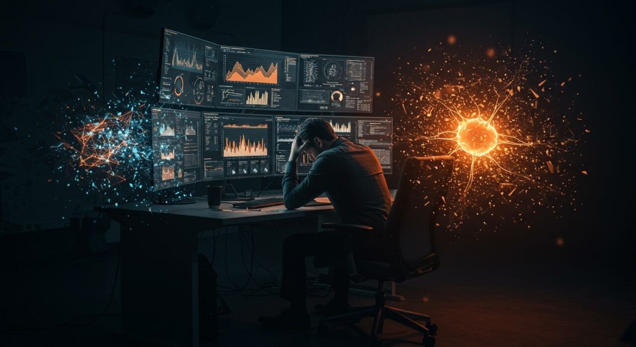 Profesional agotado por burnout de IA trabajando en una startup, con pantallas y redes neuronales abstractas que representan fatiga tecnológica.