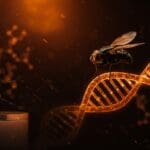 Mosca soldado negro sobre hélice genética en biotecnología para acuicultura chilena, destacando innovación y escalabilidad startup.