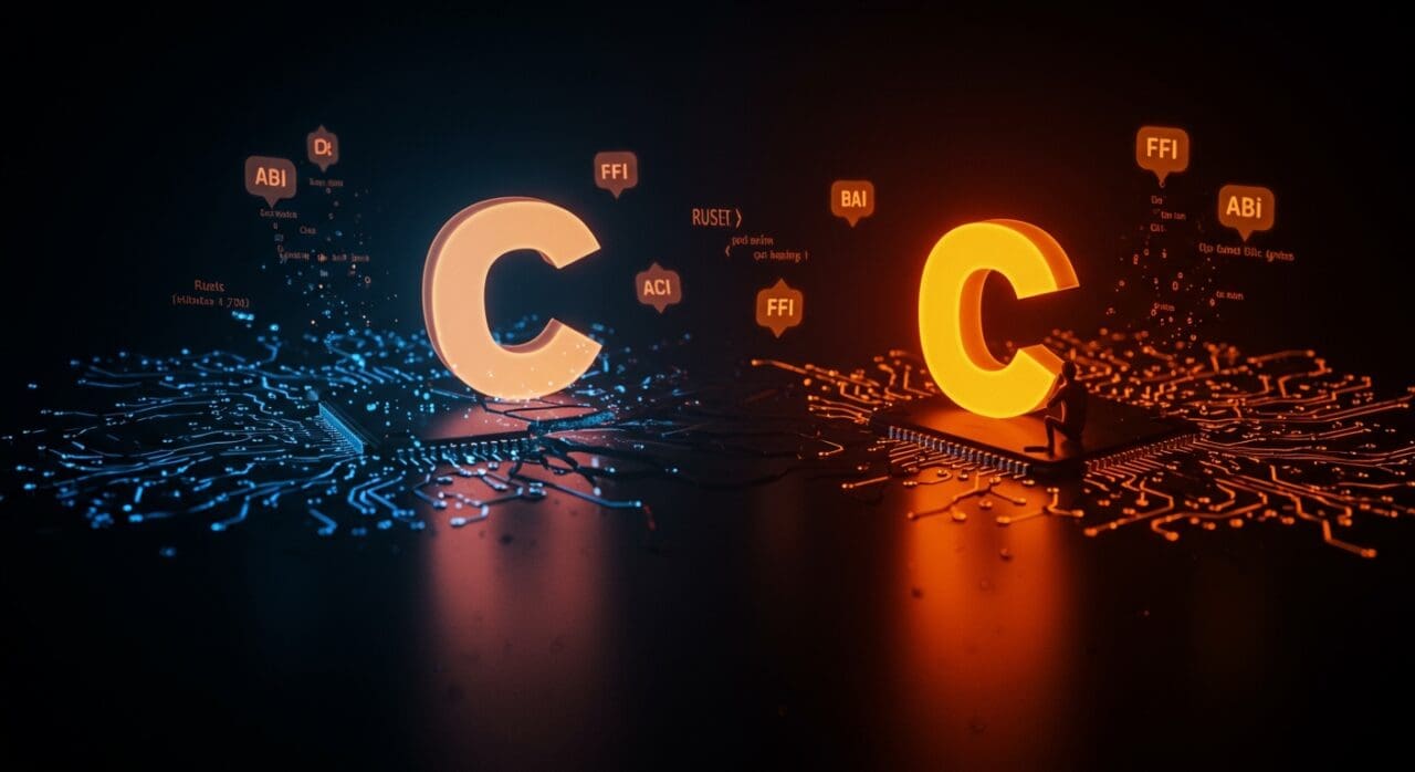 Ilustración conceptual mostrando la fragilidad del lenguaje C como protocolo de interoperabilidad y su impacto en stacks tecnológicos modernos con énfasis en interoperabilidad y desarrollo en Rust.