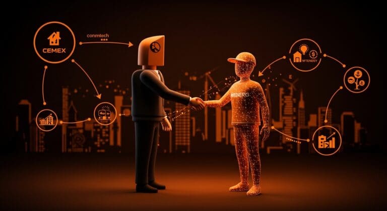 Inversión startup de Cemex en WtEnergy representada con metáforas visuales de economía circular y funding corporativo en cleantech.