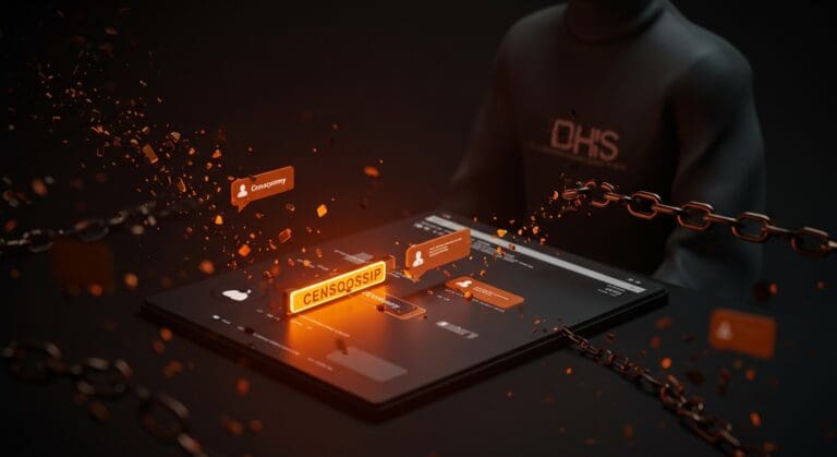Ilustración conceptual de censura digital y libertad de expresión con presión de DHS sobre plataformas tecnológicas, destacando la moderación de contenido y derechos digitales.