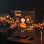 Interfaz futurista de ChatGPT con anuncios y protecciones de privacidad, ilustrando la monetización y la innovación en IA para startups.