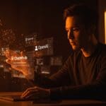 Fundador de startup interactuando con interfaces digitales de publicidad de ChatGPT, ilustrando estrategias de monetización en inteligencia artificial.