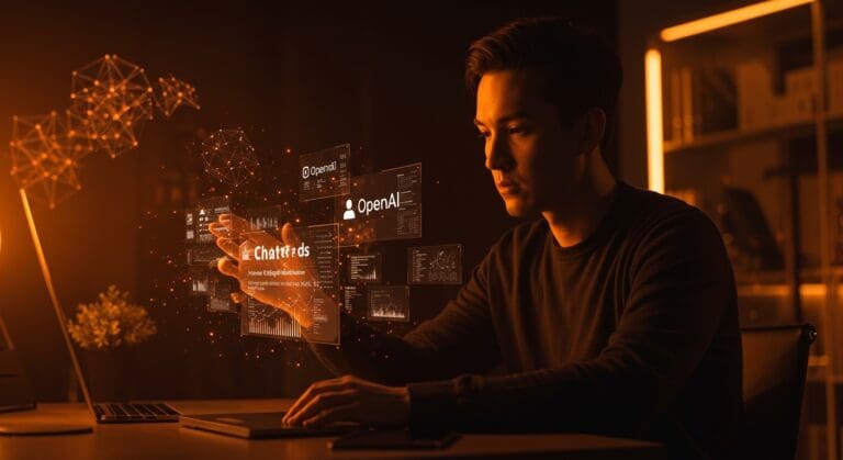 Fundador de startup interactuando con interfaces digitales de publicidad de ChatGPT, ilustrando estrategias de monetización en inteligencia artificial.