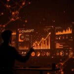 Fundador analizando crecimiento de ChatGPT y avances en inteligencia artificial con gráficos digitales y patrones neuronales en tonos naranja y negro.