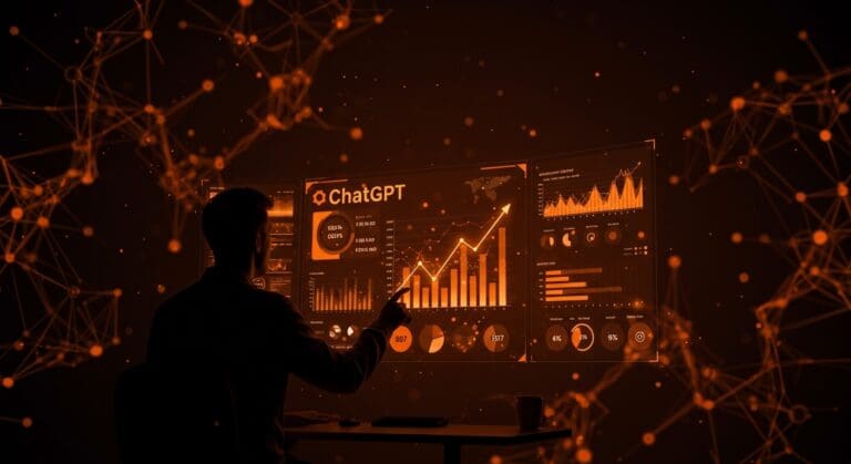 Fundador analizando crecimiento de ChatGPT y avances en inteligencia artificial con gráficos digitales y patrones neuronales en tonos naranja y negro.