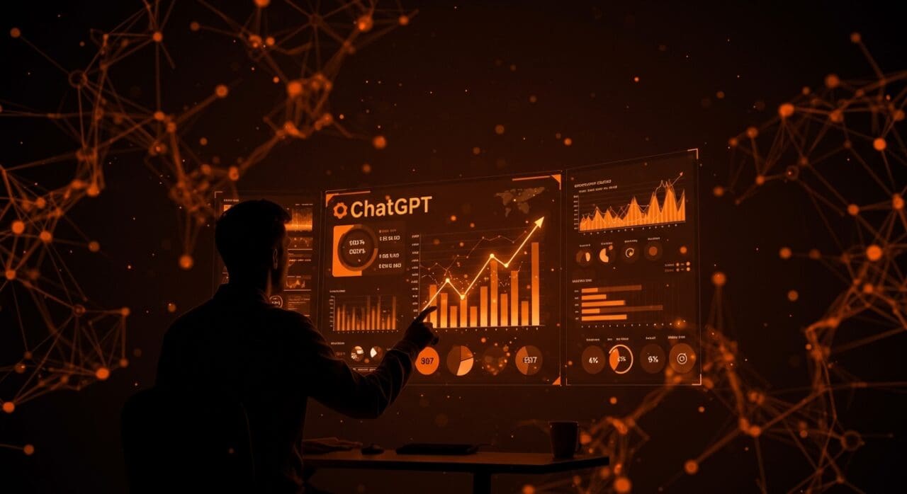 Fundador analizando crecimiento de ChatGPT y avances en inteligencia artificial con gráficos digitales y patrones neuronales en tonos naranja y negro.