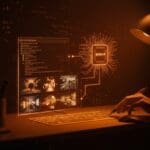 Espacio de trabajo futurista con guion cinematográfico interactivo y grafos probabilísticos que ilustran IA aplicada en la automatización de escritura de guiones.