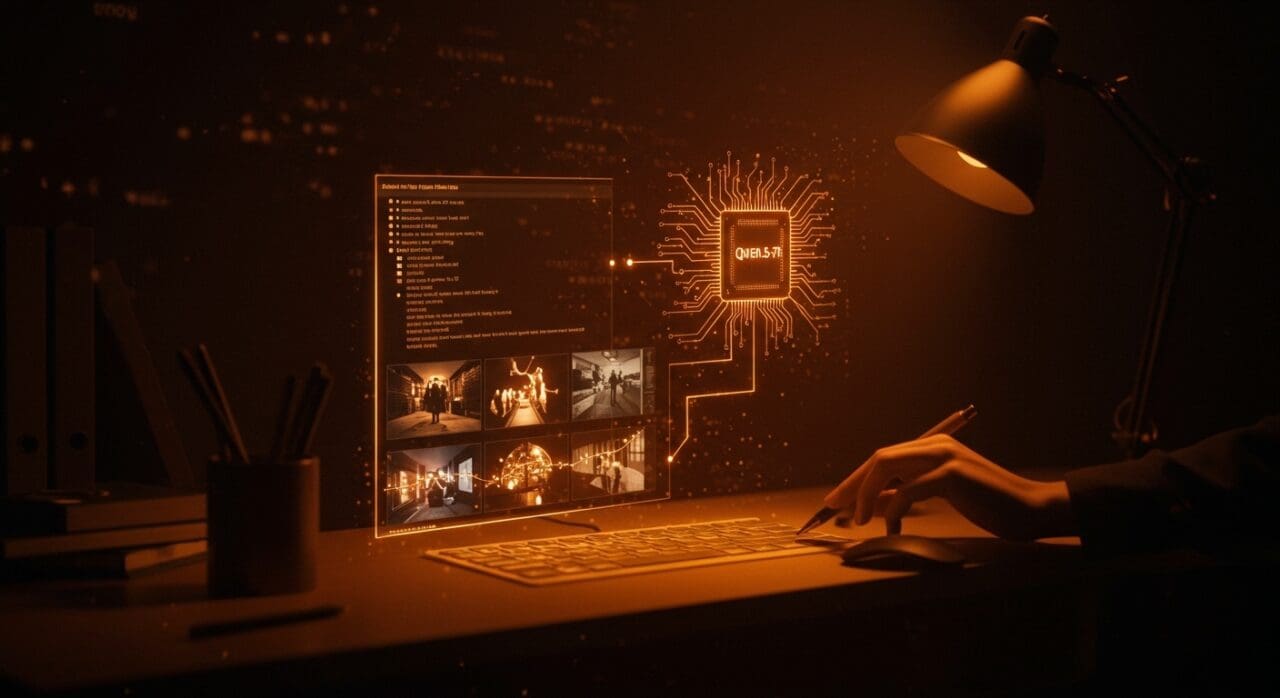 Espacio de trabajo futurista con guion cinematográfico interactivo y grafos probabilísticos que ilustran IA aplicada en la automatización de escritura de guiones.