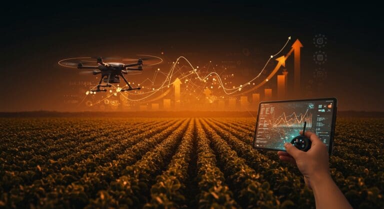 Drone usando inteligencia artificial para análisis agronómico en agricultura de precisión con inversión de capital riesgo en agritech.
