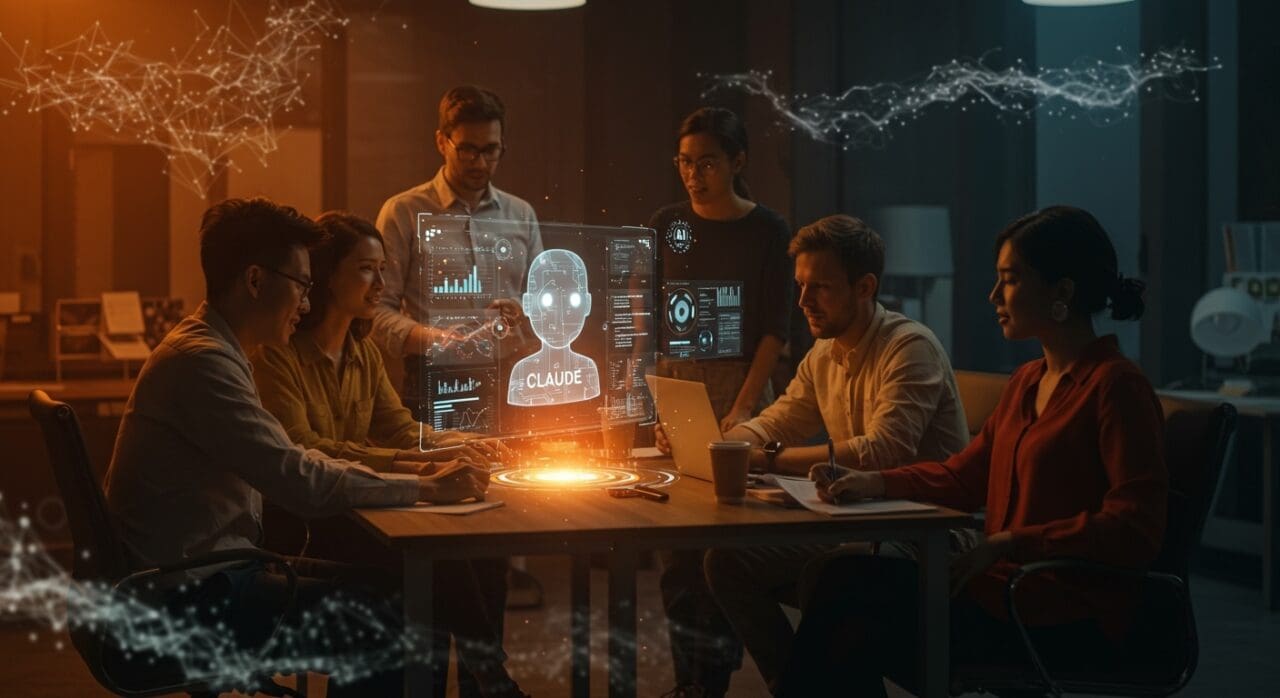 Equipo de startup utilizando Claude Cowork para automatización IA y mejorar la productividad empresarial en Windows.