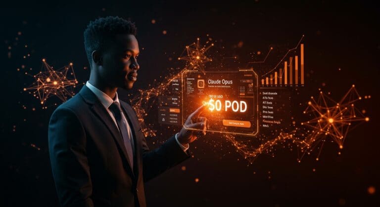 Usuario profesional activando créditos gratis de $50 USD en Claude Opus 4.6 con visuales de redes neuronales y beneficios IA para planes Pro y Max.