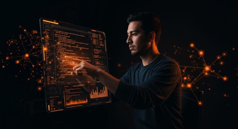 Claude Opus 4.6 en acción con un fundador tech hispano usando una interfaz digital avanzada para codificación autónoma y automatización con IA aplicada.