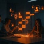 Equipo de startup colaborando con agentes IA en un tablero Kanban, mostrando automatización de workflows con tecnología open source Clawe.