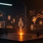 Interfaz holográfica de agentes autónomos de IA colaborando, representando la orquestación multi-agente del OpenAI Codex con un millón de descargas en startups tecnológicas.