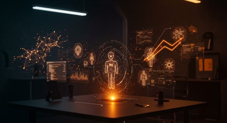 Interfaz holográfica de agentes autónomos de IA colaborando, representando la orquestación multi-agente del OpenAI Codex con un millón de descargas en startups tecnológicas.