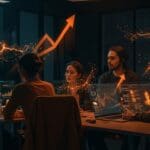 Ex-fundadores técnicos colaborando en agentes de IA en Londres para startup CoLoop de Y Combinator con ambiente tecnológico y paleta ecosistema startup.