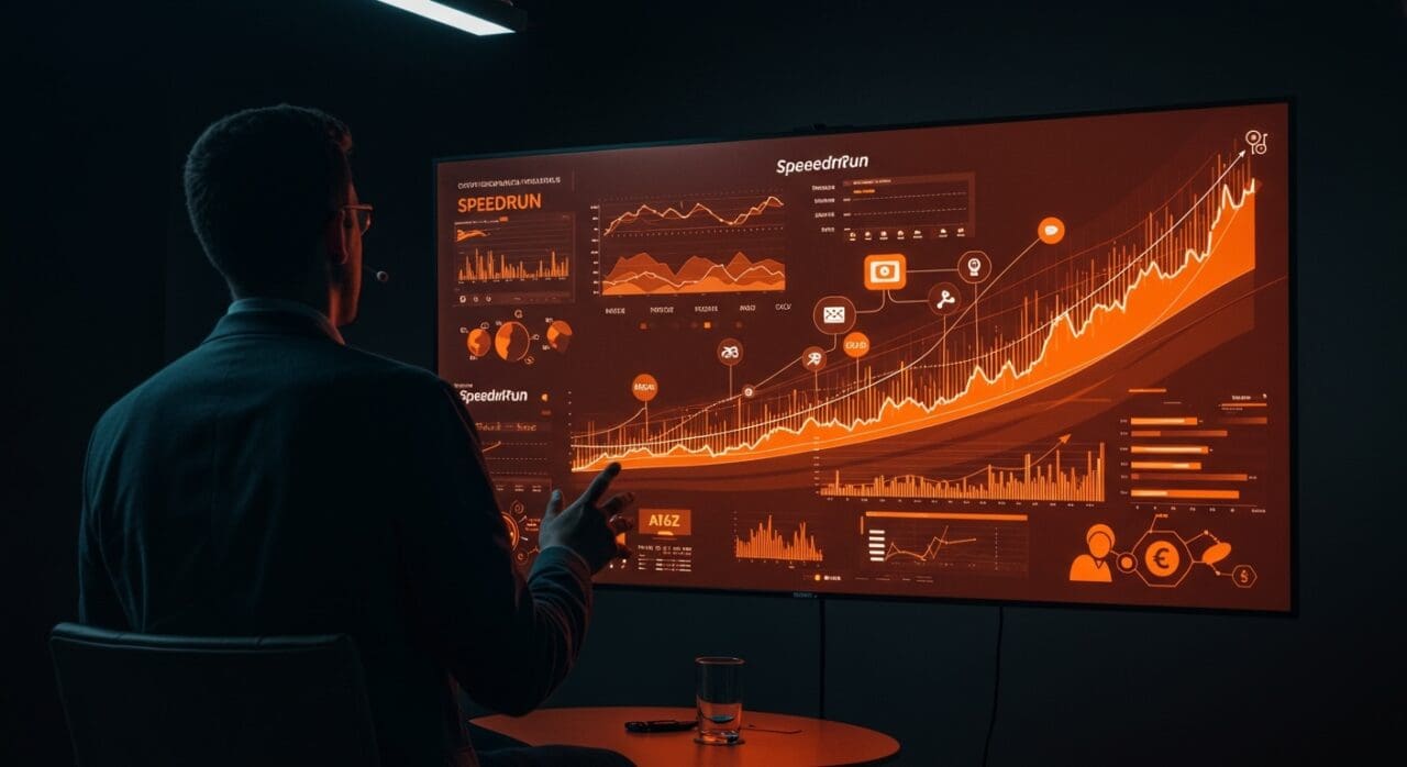 Fundador aplicando al programa Speedrun de a16z con gráficos de aceleradora y flujos de inversión en estilo editorial con paleta naranja y negro.