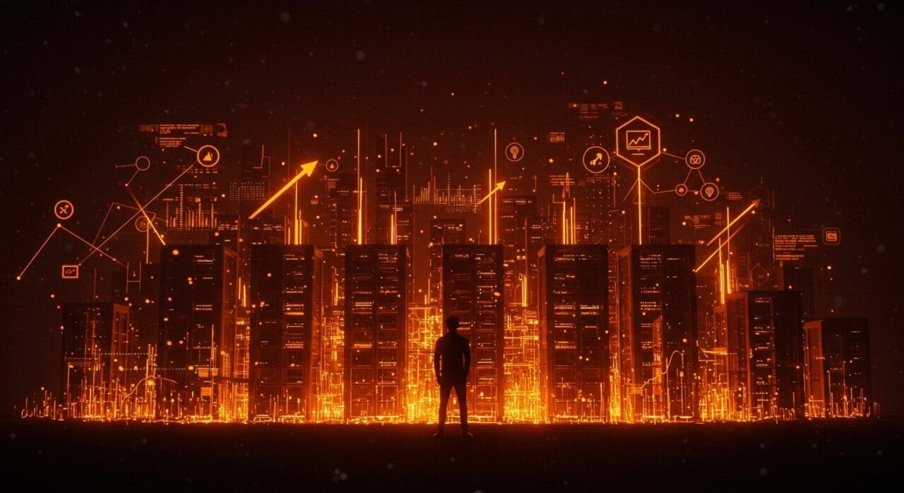 Fundador tecnológico frente a infraestructura digital escalable SaaS con iconografía de microservicios, caching y autoescalado en paleta Ecosistema Startup.