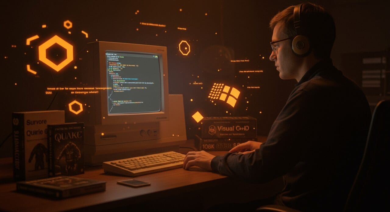 Desarrollador compilando Quake con herramientas de 1997, simbolizando lecciones de optimización y desarrollo para startups tech.