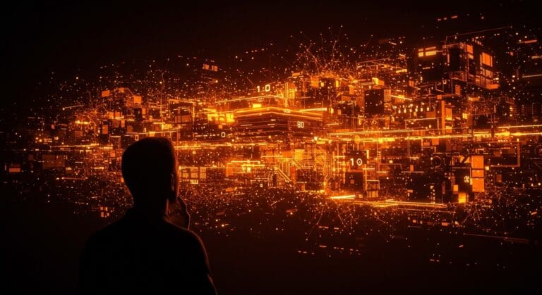 Representación visual de la complejidad tecnológica en sistemas complejos con un fundador frente a redes digitales y arquitectura de software iluminadas en tonos naranja y negro.