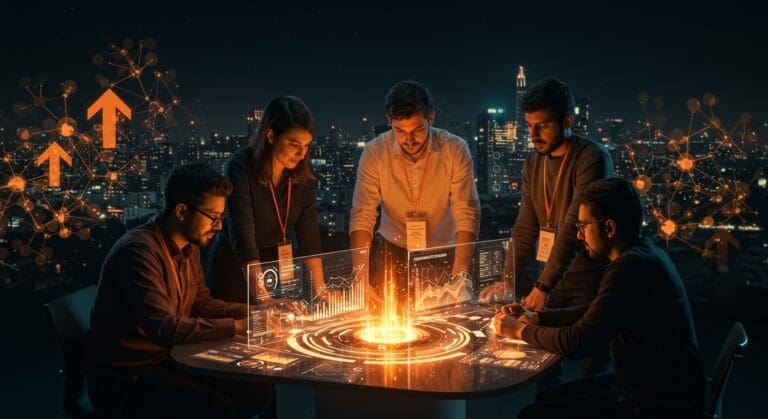 Colaboración de emprendedores en ambiente futurista con datos de fintech e innovación representando el crecimiento empresarial en Chile 2026.