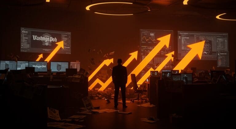 Transformación digital y crisis en medios de comunicación ilustrada con iconografía de Washington Post y metáforas visuales de startups media y periodismo digital.