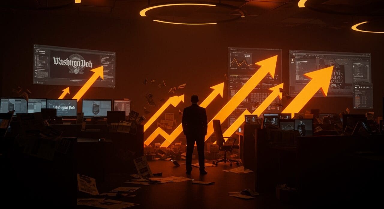 Transformación digital y crisis en medios de comunicación ilustrada con iconografía de Washington Post y metáforas visuales de startups media y periodismo digital.