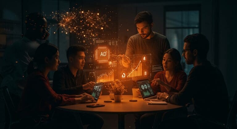 Equipo de startup tecnológico colaborando con interfaces holográficas que representan inteligencia artificial, inversión y sostenibilidad para el éxito en 2026.