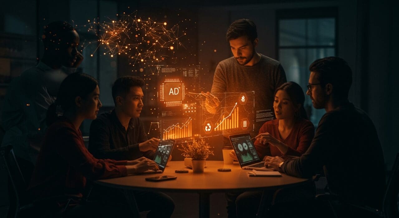 Equipo de startup tecnológico colaborando con interfaces holográficas que representan inteligencia artificial, inversión y sostenibilidad para el éxito en 2026.