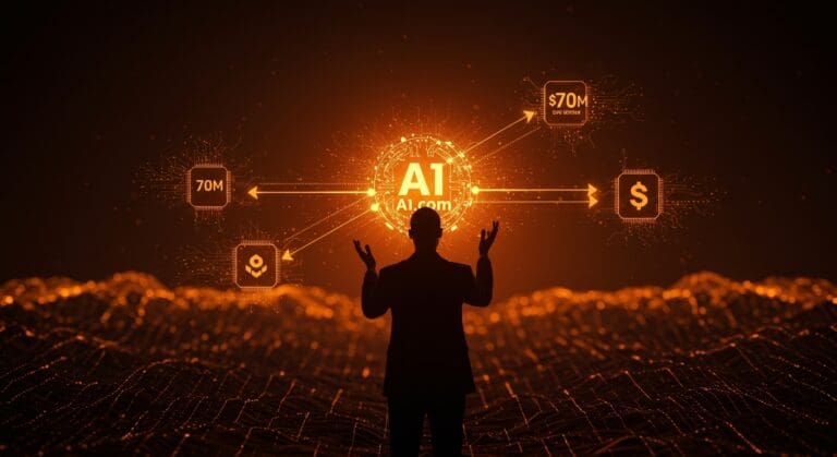 Inversión de Crypto.com en el dominio AI.com representada por un ejecutivo con un orbe digital iluminado que simboliza la convergencia de inteligencia artificial y blockchain en startups tecnológicas.