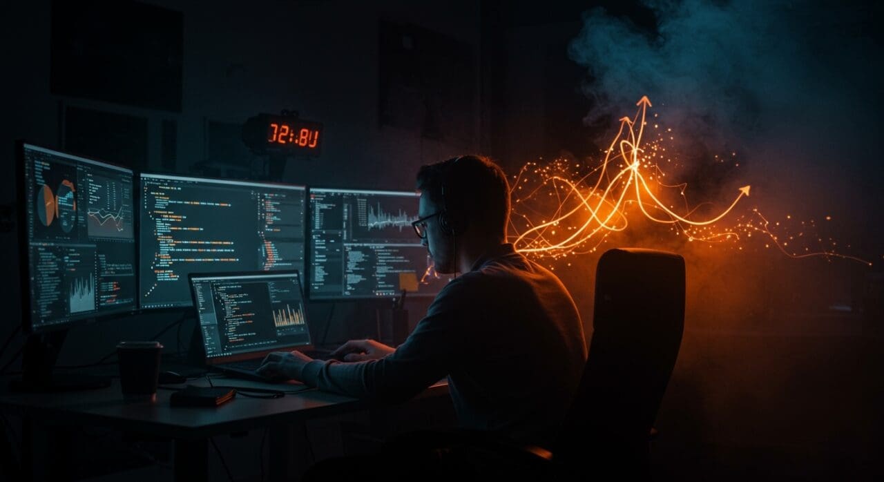 Startup de IA con cultura 996 trabajando semanas de 72 horas mostrando productividad tech y riesgo de burnout.