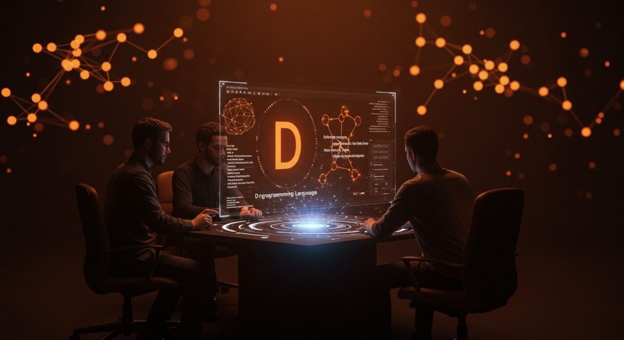 Equipo tech analizando el lenguaje de programación D para desarrollo eficiente y concurrencia integrada en startups.