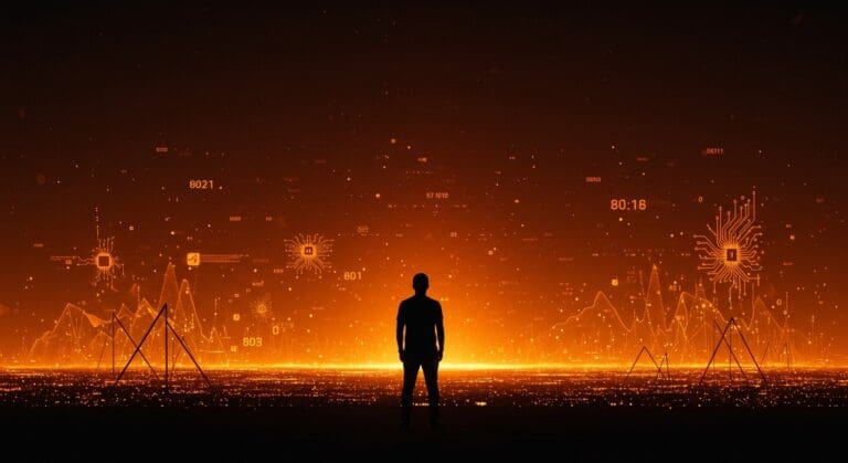 Dario Amodei frente a un horizonte digital que representa el fin del crecimiento exponencial en inteligencia artificial, con metáforas visuales de AGI y regulación en IA avanzada.