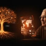 Retrato cinematográfico de Dave Farber, abuelo de Internet, con representaciones visuales de CSNet y NSFNET destacando su legado en la comunidad tecnológica.