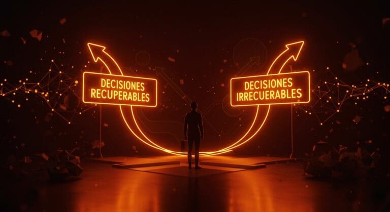 Fundador tomando decisiones recuperables e irrecuperables en startup con metáforas visuales sobre gestión de riesgos y acción rápida.