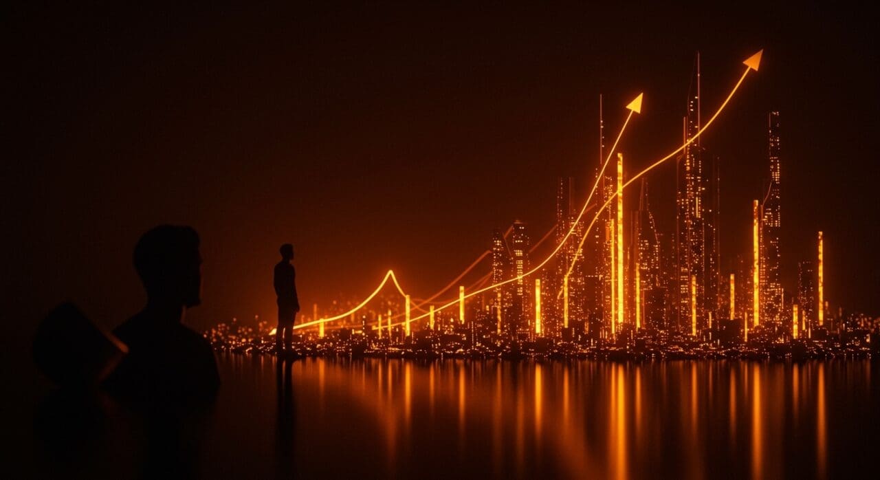 Innovación deep tech en Chile con inversión récord y desafíos de financiamiento reflejados en una ciudad digital futurista.