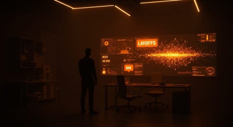 Despidos tech en 2026 representados por un fundador observando noticias de layoffs y transformación con IA en un entorno oscuro editorial.