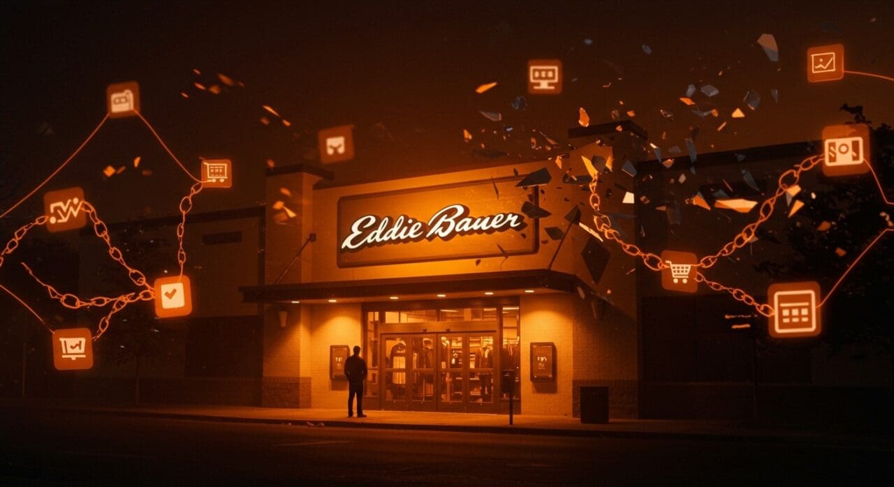 Fachada Eddie Bauer en crisis con símbolos de bancarrota y transformación digital en retail outdoor y comercio electrónico.