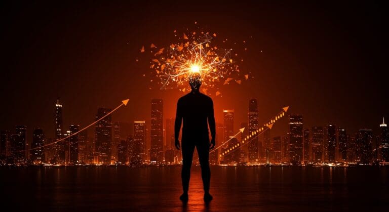 Ilustración de empresario con redes neuronales y flechas ascendentes que simbolizan la inversión de ElevenLabs liderada por Nvidia y Sequoia, destacando su valoración de 11 mil millones y planes de IPO.