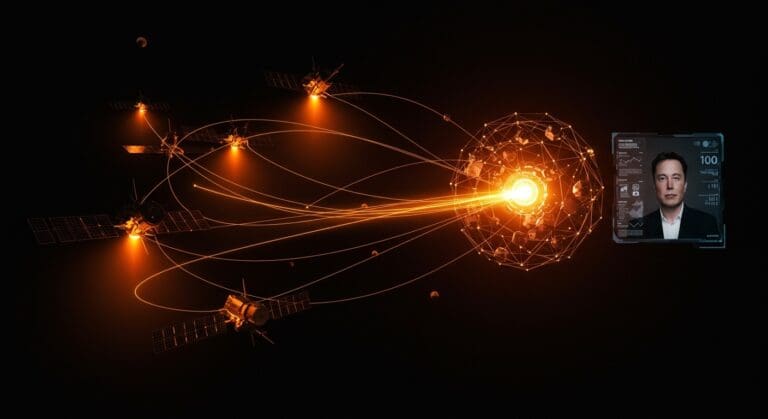 Satélites de centros de datos orbitales de IA iluminados en órbita terrestre, simbolizando la infraestructura espacial de inteligencia artificial de Elon Musk y SpaceX.