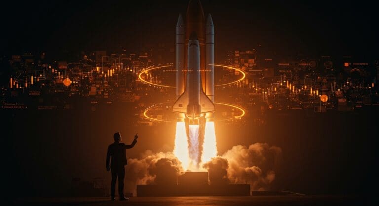 Elon Musk con un cohete futurista de SpaceX integrado con elementos de inteligencia artificial espacial representando la fusión tecnológica y valoración de startups.