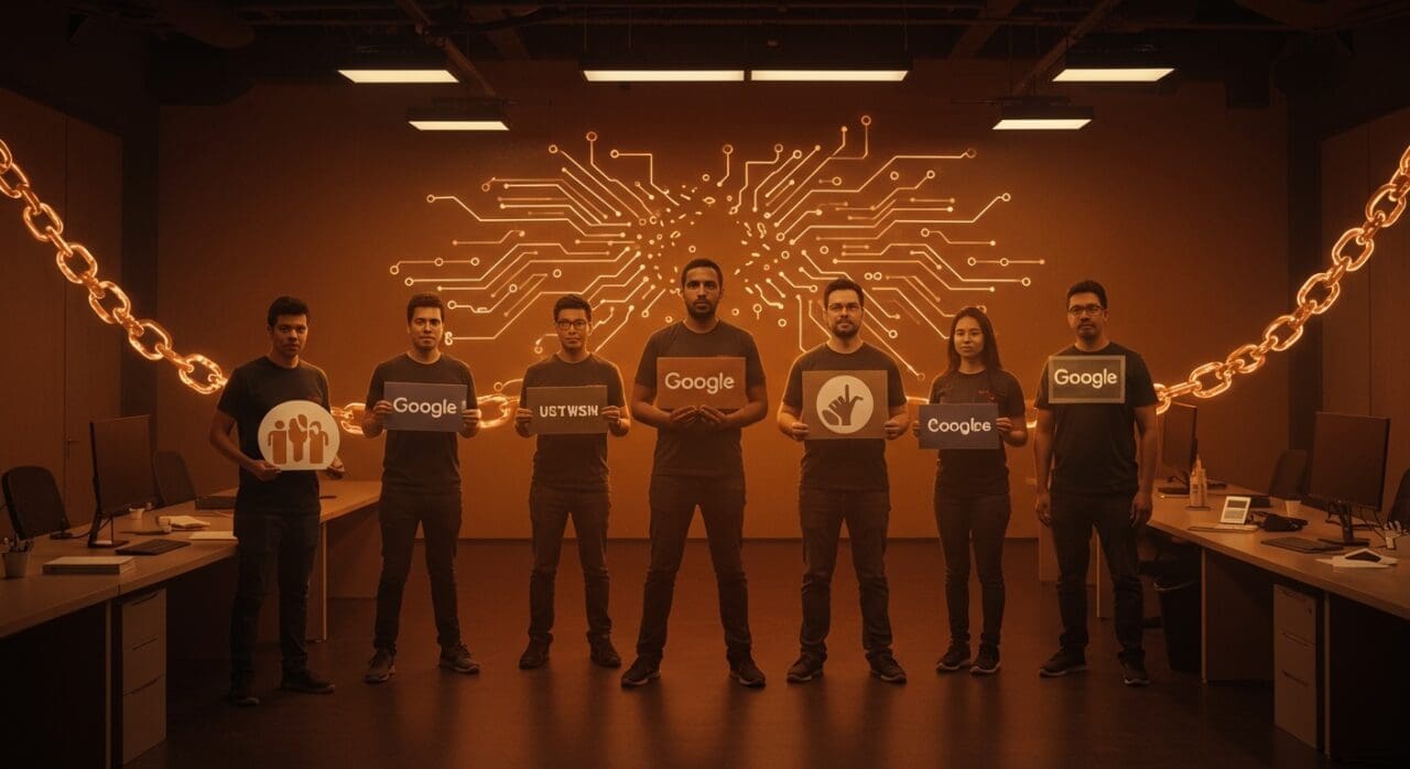 Empleados de Google protestando contra contratos con ICE, representando activismo interno y ética en tecnología startup.