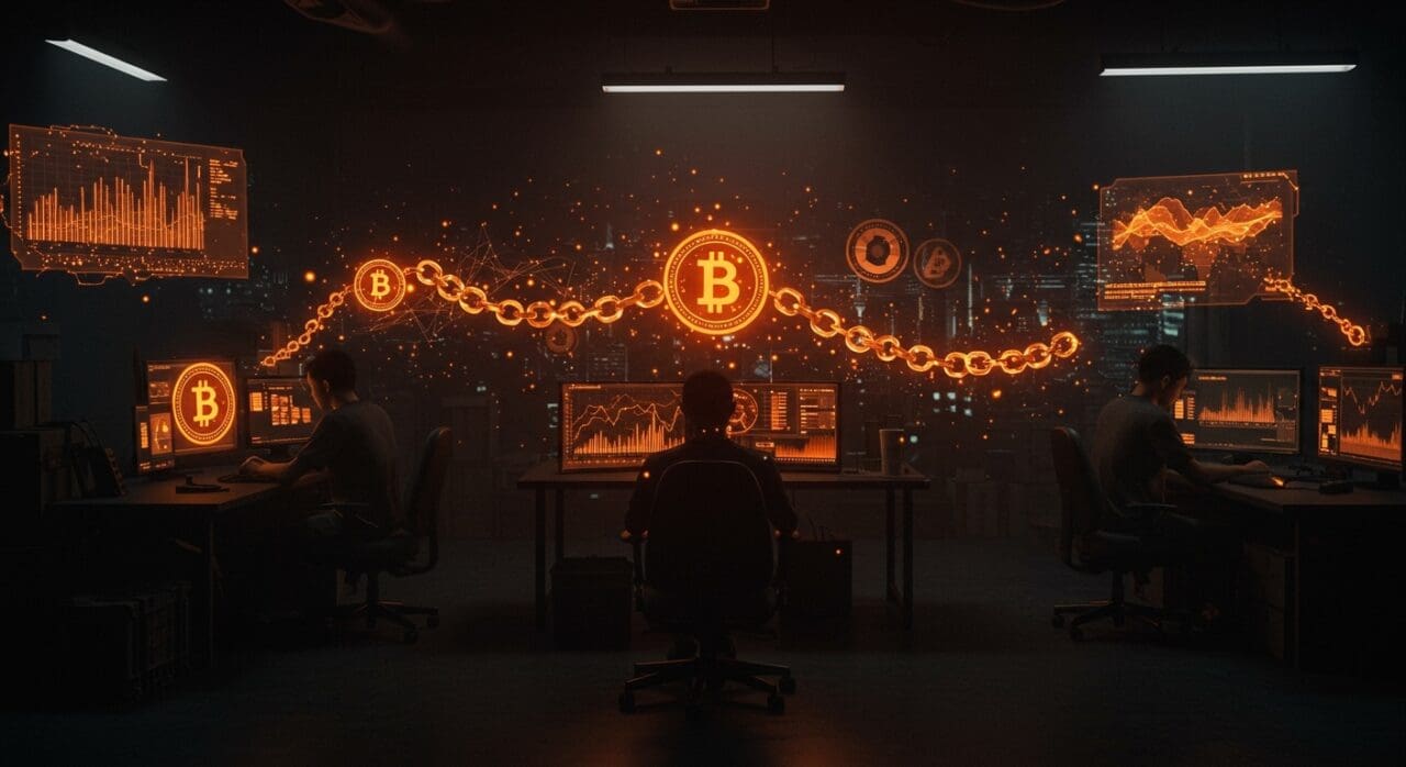 Estafas con IA y trabajo forzado en Sudeste Asiático representados mediante una escena oscura de centros de cibercrimen con redes digitales y símbolos de criptomonedas.