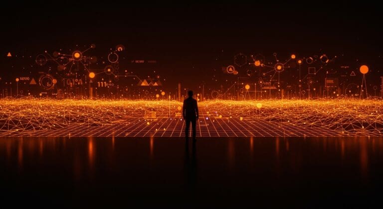Evolución de la misión de OpenAI hacia AGI representada con redes neuronales y líder contemplando un horizonte digital en tonos naranjas y negros.