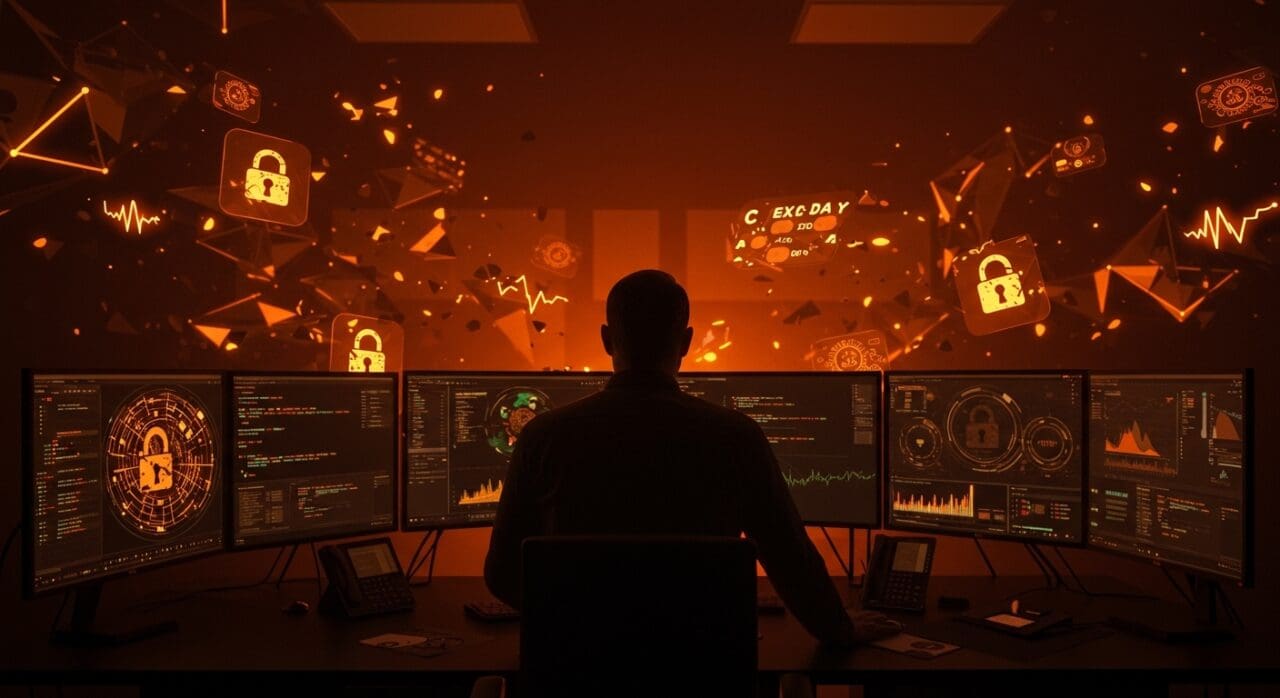 Ex director vendiendo exploits de ciberseguridad a broker ruso, ilustración de amenazas digitales y vulnerabilidades informáticas.