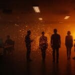 Éxodo del equipo fundador de xAI reflejado en siluetas tecnológicas con metáforas visuales de retención y rotación de talento en startups de IA.